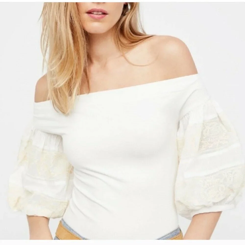 Free People Rock With It Off Shoulder Puff Sleeve Embroidered Top Blouse White S